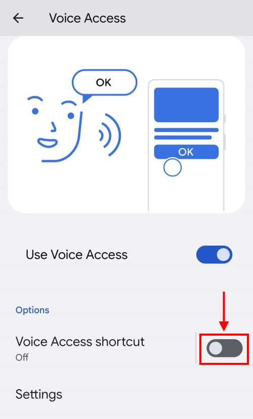 Tap the toggle switch for Voice Access shortcut to turn it on